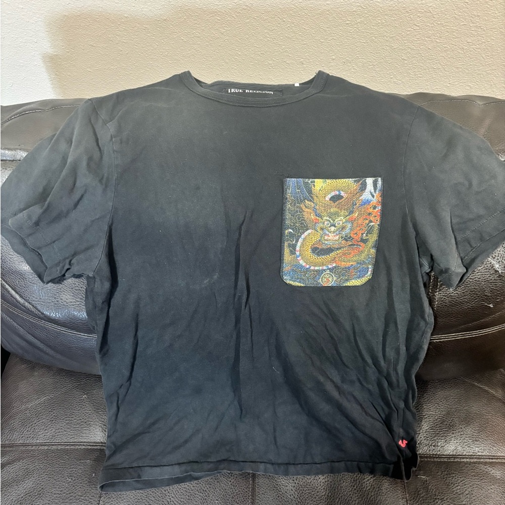 True Religion Black Tee with Colorful Dragon Pocket